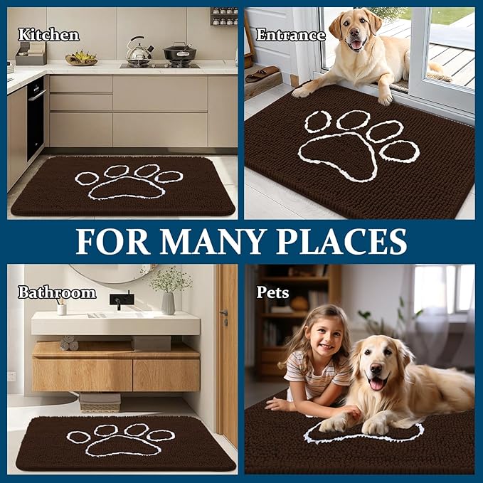OLANLY Door Mat for Muddy Dog Paws 47x32, Ultra Absorbent Chenille Mud Doormat with Paw Print Design, Non-Slip Washable Doormat for Indoor Entryway, Quick-Dry Pet Bed Mats for Dirty Dogs, Brown