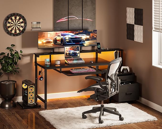 AODK Computer Desk with Drawers and Keyboard Tray, 48" Office Desk with Power Outlet and LED Lights, Reversible Study Work Desk with Printer Shelf and PC Stand for Home Office, Black