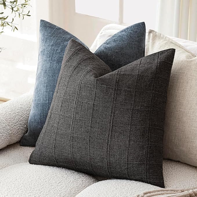 Foindtower Set of 2 Decorative Linen Check Throw Pillow Covers Neutral Farmhouse Vintage Cushion Covers Modern Boho Home Decor for Sofa Chair Couch Bedroom Living Room Outdoor,18×18 Inch,Charcoal