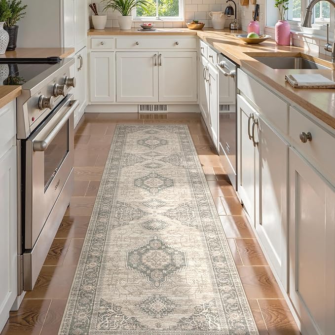 Lahome Oriental Washable Runner Rug Non Slip, 2x7 Rug Runners for Hallways Kitchen, Ultra-Thin Hallway Rugs for Laundry Room Bathroom Bedroom, Grey/Brown