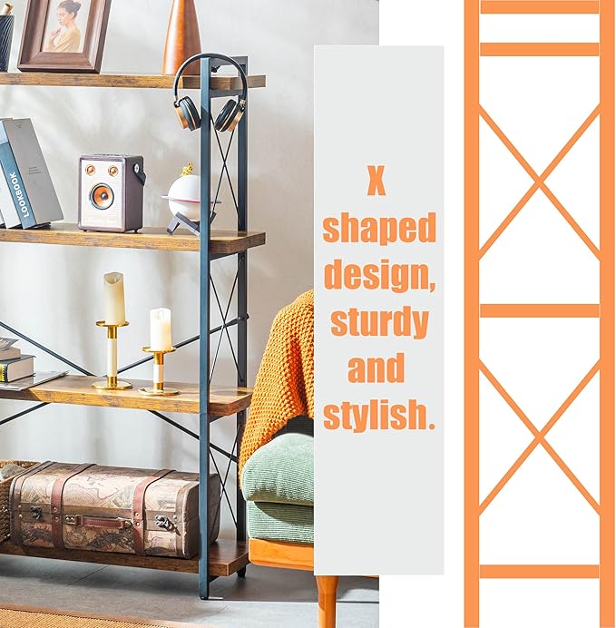 Bookshelf, 4 Tier Bookshelf, Tall Bookcase for Living Room, Home Office and Kitchen