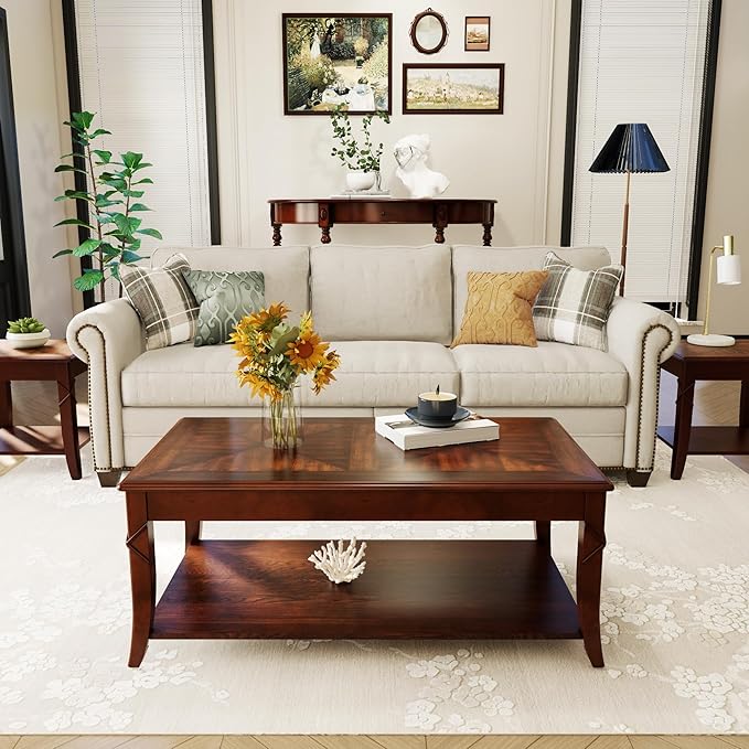 Mid-Century Modern Coffee Table Set of 3, 3-Piece Solid Wood Living Room Table Set, Coffee Table with 2 Square End Side Tables, Cherry Walnut Home Furniture for Apartment KFZ-DR200-3