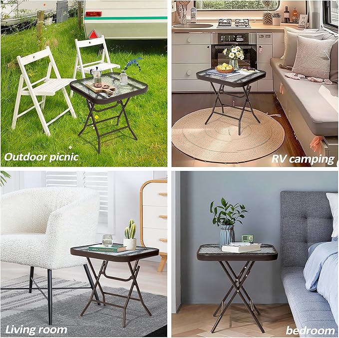 Foldable Outdoor Side Table Set of 2 with Tempered Glass Top Square 18" Folding Patio Side Tables Set of 2 Small Glass End Table for Patio Porch Yard Balcony Deck Lawn Dining Garden (Brown)