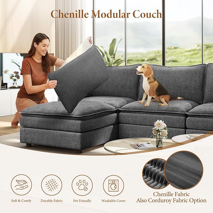 Vesgantti Large Modular Sectional Sofa, Big Comfy Cloud Couch with Ottoman Deep Seat Chenille Cloud Sofa, 9 Seater Large Sectional Couches for Living Room, Bedroom and Apartment, Gray
