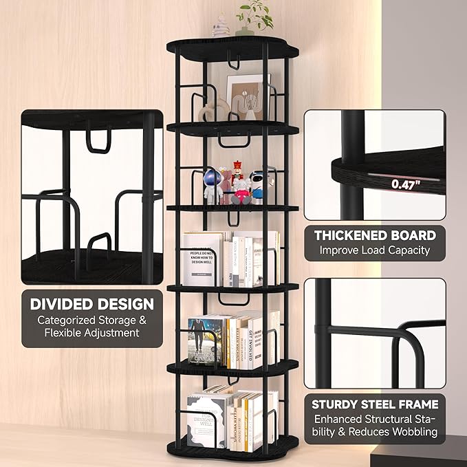 5-Tier Rotating Book Shelf, 360° Display Spinning Bookshelf Tower, Book Organizer, Floor Standing Bookcases for Small Space, Corner Book Shelf for Bedroom, Living Room, Study Room (Black)