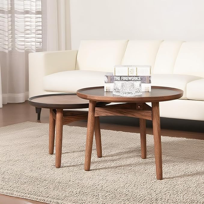 CONSDAN 24 Round Coffee Table, Solid Oak Frame & Veneer Top, USA Grown Hardwood, Modern Living Room, Lounge Side Table (Single Large Piece)