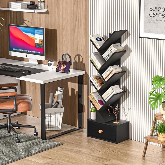 8 Tier Tree Bookshelf with Drawer, Free Standing Wood Bookcase for Living Room, Bedroom, Home Office, Space Saving Storage Organizer Bookshelves for Books, CDs, Vinyl Records- Black