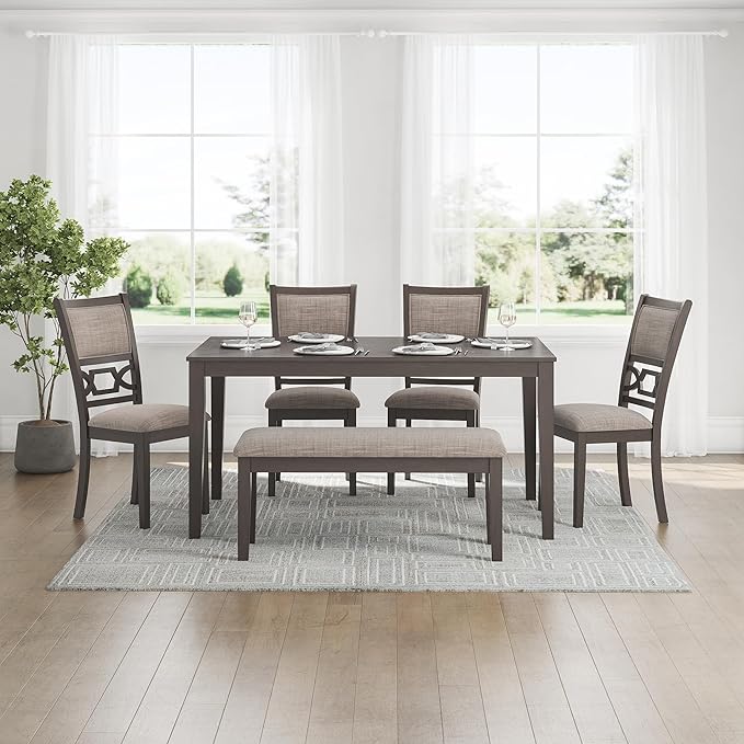 Signature Design by Ashley Wrenning Modern Diamond Patterned Dining Table with 4 Upholstered Chairs and Bench, Set of 6, Gray & Light Gray