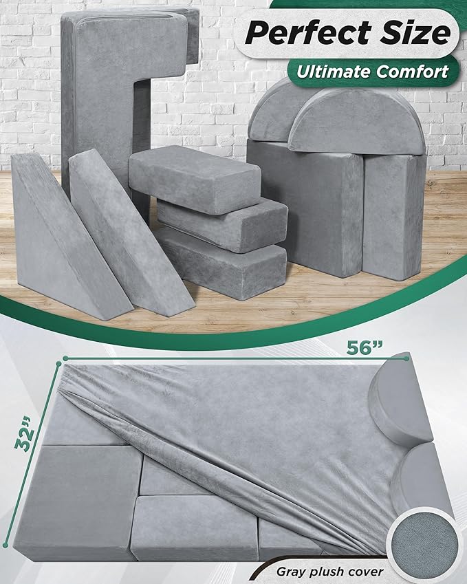 Lunix LX22 11pcs Modular Kids Play Couch, Child Sectional Sofa, Fortplay Bedroom and Playroom Furniture for Toddlers, Convertible Foam and Floor Cushion for Boys and Girls, Gray