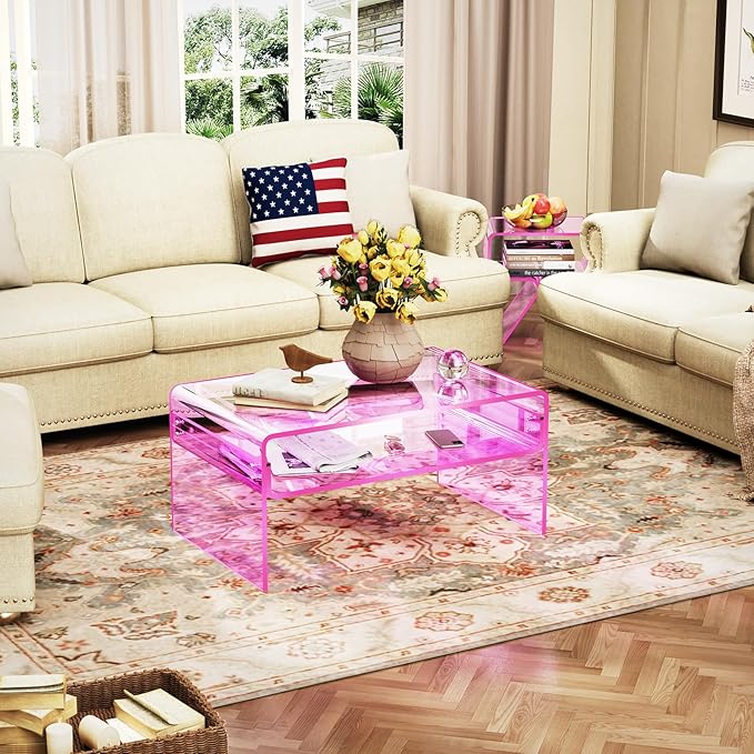 Acrylic Nightstand Side Table Modern Design Clear Home Decor Display End Table for Living Room (Pink)
