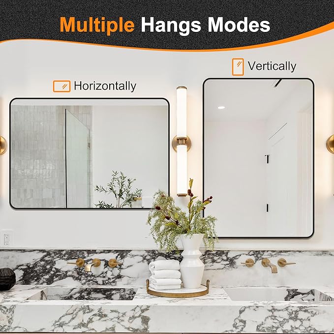 Delma Bathroom Mirror, Black Framed Bathroom Mirror for Over Sink, High-Definition Vanity Mirror, Versatile Mirror for Bathroom, Hangs Horizontally or Vertically(36x24, Black)