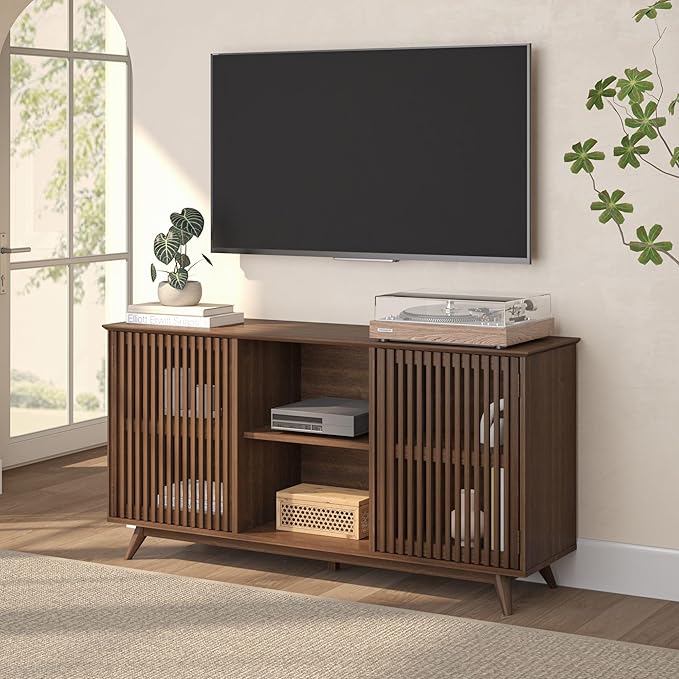 Plank+Beam Mid-Century Modern Wood TV Stand, Solid Wood Entertainment Console with Storage, 59" L x 16" W x 30" H, Walnut