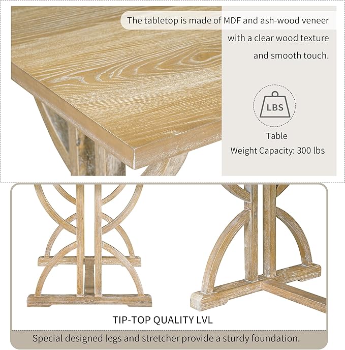 SogesPower 6-Piece Dining Table Set, Rectangular Farmhouse Kitchen Dining Table Set with 4 Upholstered Chairs & 1 Bench, Retro Kitchen Table Set for 4-6 for Dining Room Living Room,Natural Wood Wash