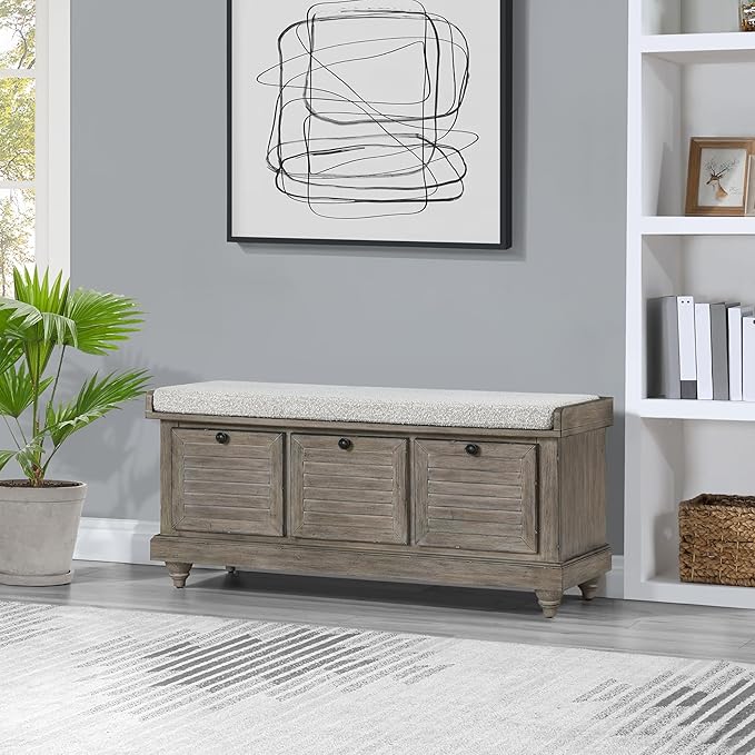 OSP Home Furnishings Dover Coastal Lift-Top Storage Bench with Shutter Face Styling, Goldstone Finish with Salt and Pepper Cushion