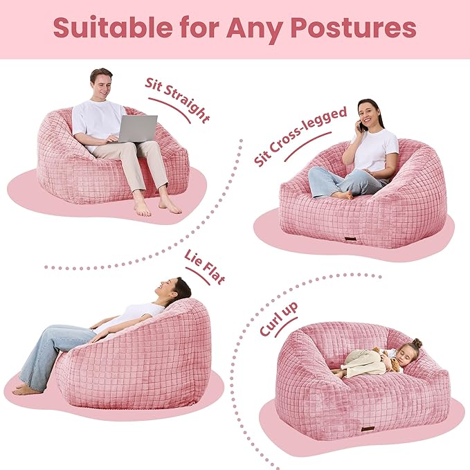 Bean Bag Chairs for Adults, Giant Beanbag Sofa Comfy Reading Chair, Oversized Bean Bag Chairs for Living Room Bedroom, Soft Faux Fur Fabric, 3.2FT, Pink, Checkered