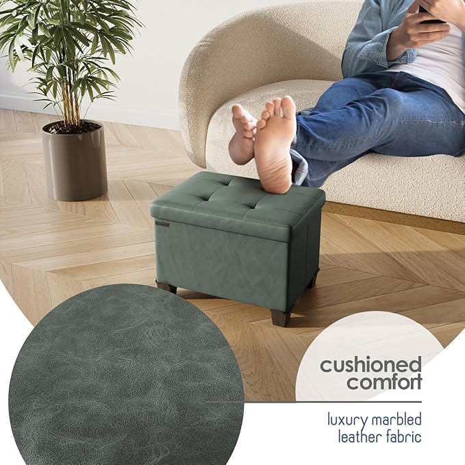 STORAGEBUD Storage Ottoman Cube with Small Bin, 16-in Square Ottoman with Storage for Living Room and Bedroom, Small Ottomans Foot Rest, Faux Leather Foot Stools Ottomans Max 330lbs, Green
