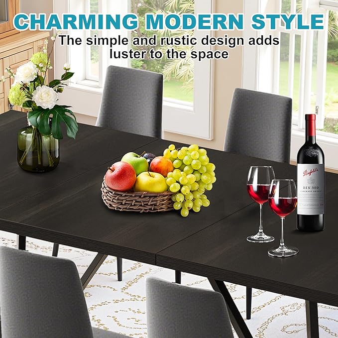 71" Dining Table for 6-8, Farmhouse Dinner Table with Wooden Tabletop and Metal Frame Base, Rectangular Kitchen Tables for Dining Room, Kitchen, Living Room, Black