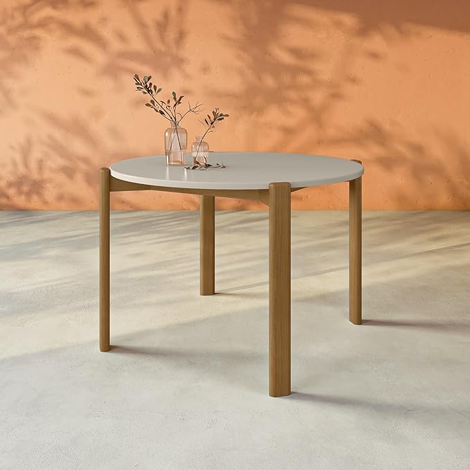 Manhattan Comfort Gales 46-Inch Mid Century Modern Round Dining Table for 2-4 Person, Minimalist Home Furniture with Solid Eucalyptus Wood Legs, Off White