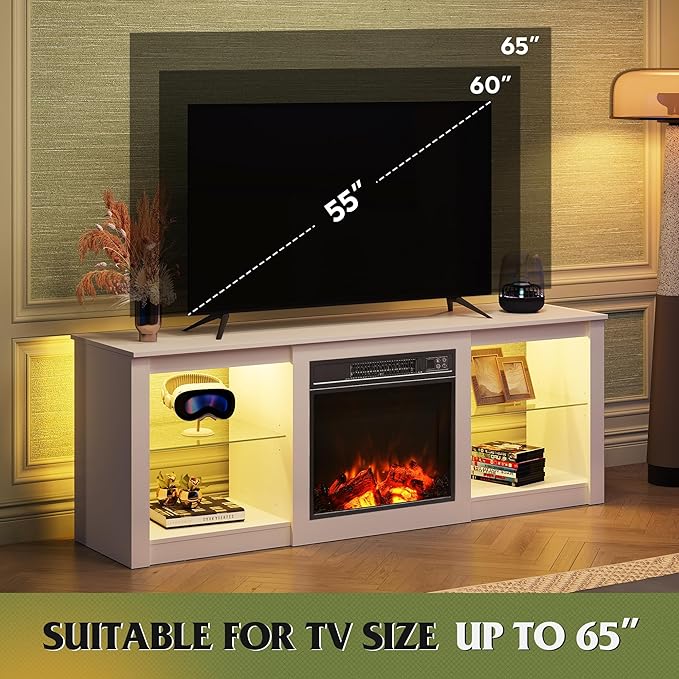 WLIVE 58 Inches Fireplace TV Stand with LED Lights, Modern Entertainment Center with 18'' Electric Fireplace & Adjustable Glass Shelves, Sturdy Media Console for Living Room, Bedroom,Gaming (White)