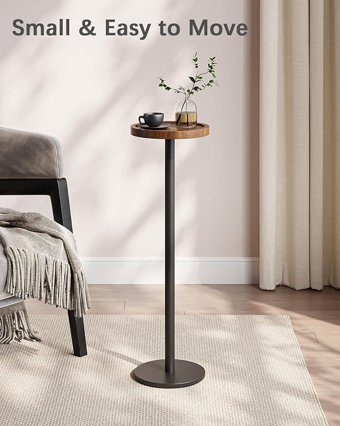 Drink Table, Small Pedestal Side Table, Round Cocktail Table, Circle End Table with Metal Base, for Small Spaces, Walnut Brown & Black