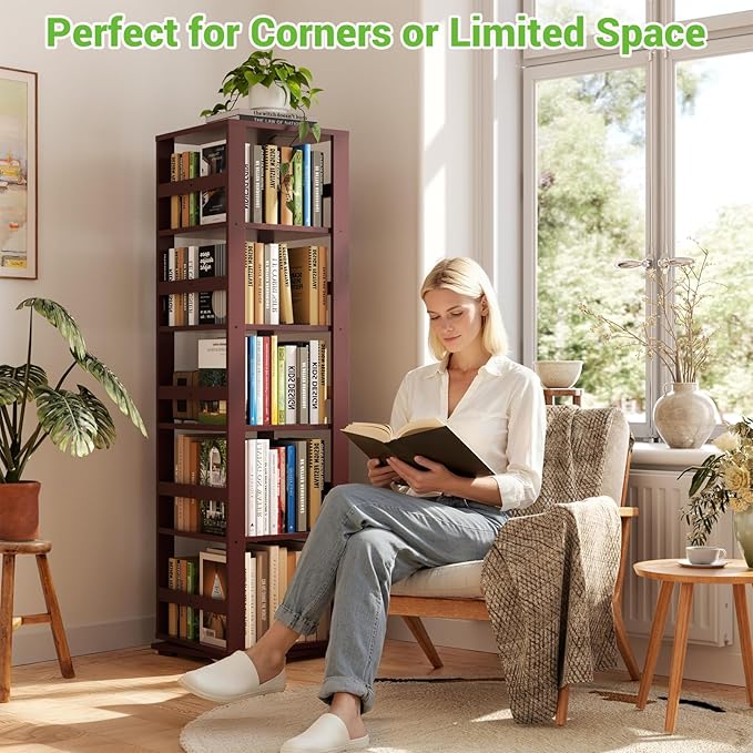 Homykic Rotating Bookshelf, Bamboo 360 Display Spinning Bookshelf Tower, 5-Tier Small Corner Bookcase for Small Spaces, Narrow Revolving Book Shelf Organizer Rack for Home Office, Espresso