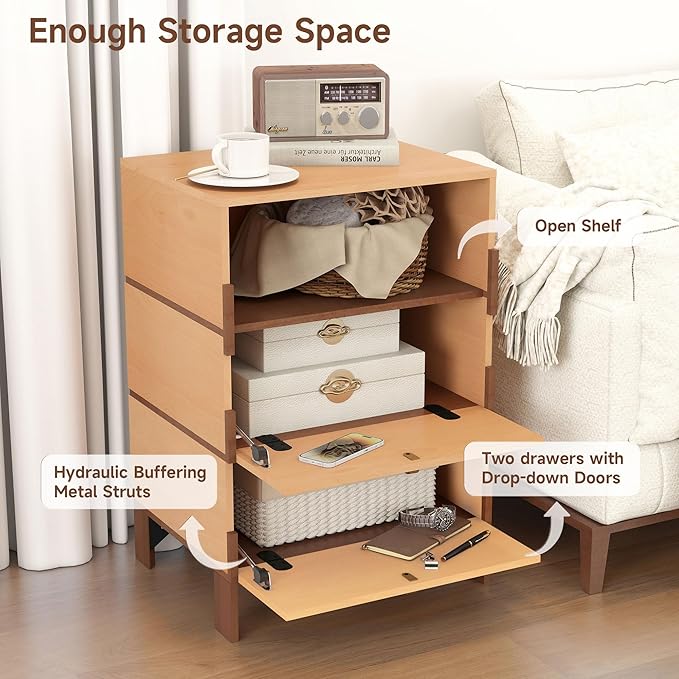 Sebastack End Table, Customizable 3 Drawers Bedside Table, Night Stand, Side Table for Bedroom, Dormitory, Mid-Century Style Wood Chest of Furnitures, 27.8 inch Tall Beech Color