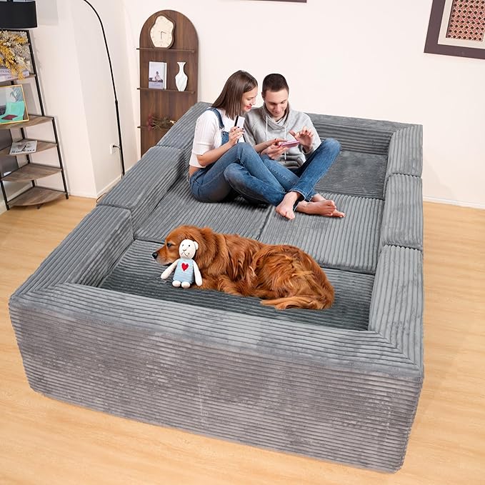 KEIKI 135" U Shape Sectional Sofa,6-Seater Modular Couch with Striped Corduroy Fabric for Living Room,Customizable Design