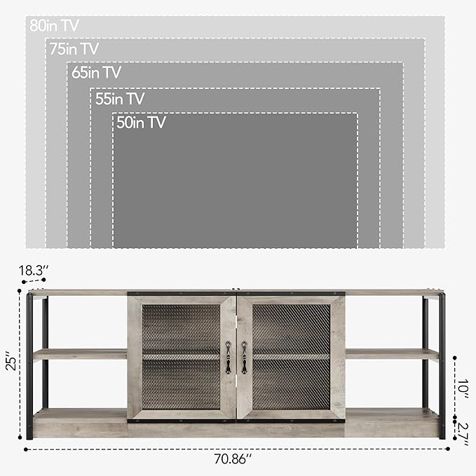 GarveeHome Farmhouse TV Stand for 75/80 Inch TVs, Entertainment Center with Storage Cabinet, 71'' Rustic TV Media Console Table, Furniture for Living Room, Grey