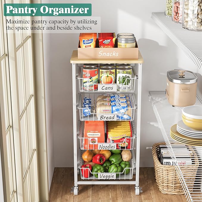 Fruit Vegetable Basket for Kitchen Pantry Storage Organizer, 5-Tier Metal Utility Kitchen Rolling Cart on Wheels with Drawer Rack and Wood Top for Potatoes Onions