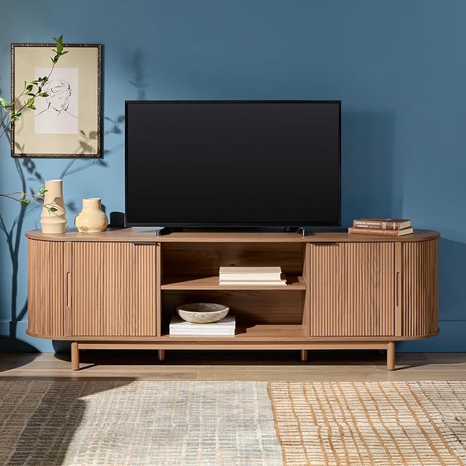 Walker Edison Modern Curved Reeded TV Stand for TVs up to 70 Inches, Credenza with Sliding Doors and Adjustable Shelves, TV Stand with Cord Management Cutout, 70 Inch, Mocha