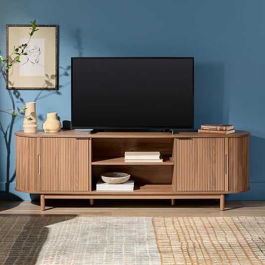 Walker Edison Modern Curved Reeded TV Stand for TVs up to 70 Inches, Credenza with Sliding Doors and Adjustable Shelves, TV Stand with Cord Management Cutout, 70 Inch, Mocha