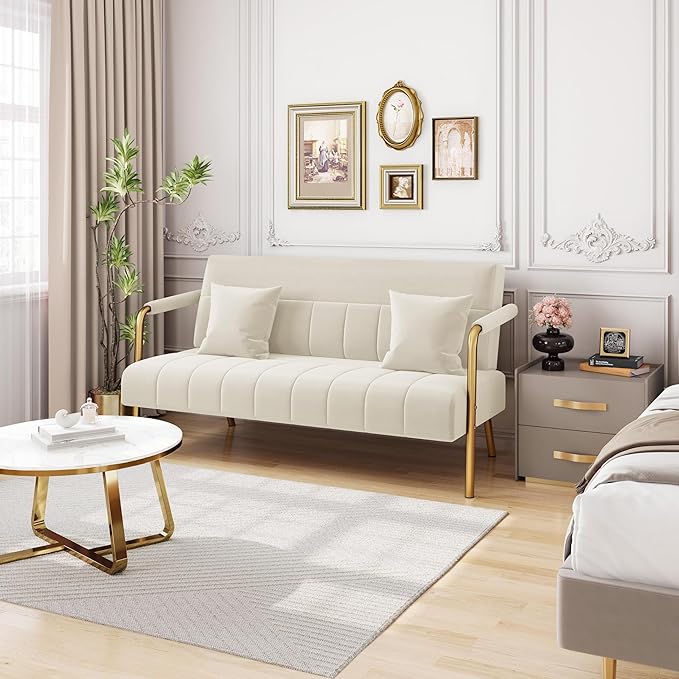 Yaheetech 56.5" W Modern Loveseat 2 Seater Sofa Luxurious Velvet Fabric Couch with Gold-Tone Metal Arms and Legs for Living Room, Home Office, Studio Beige