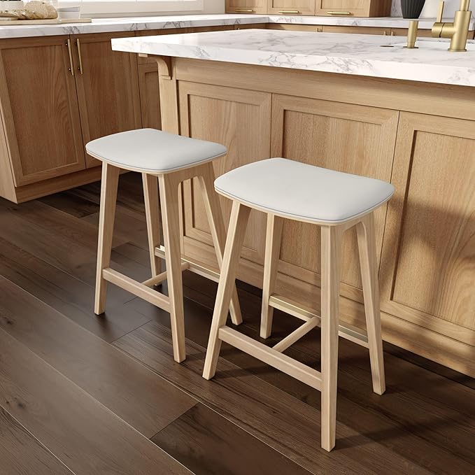 Plank+Beam Beryl Counter Height Stool - Mid-Century Modern Rubberwood Bar Stool with Faux Leather Seat, Metal Footrest, Easy Assembly, Blonde/Sesame
