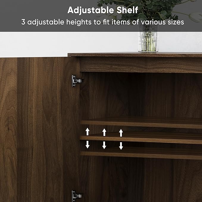 Smuxee Walnut Sideboard Cabinet, Freestanding Buffet Cabinet with Golden Metal Feet, Wood Storage Cabinet with Adjustable Shelf for Living Room, Entryway, Hallway
