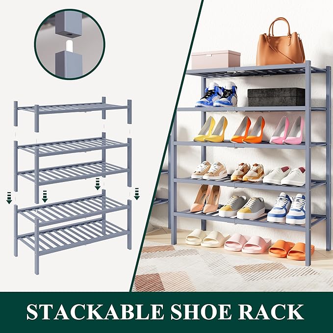 Smiry Shoe Rack, 5 Tier Thick Bamboo Shoe Organizer, Stackable Free Standing Wooden Shoe Storage Shelf for Closet, Entryway, Front Door Entrance, Grey