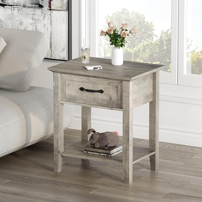 IDEALHOUSE Grey Nightstand, End Table with Drawer, Side Table for Spaces, 2 Tiers Storage Shelves with Dresser, Bedside Table for Living Room, Bedroom, Dorm (Grey)