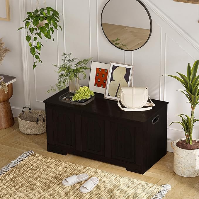 DINZI LVJ Storage Chest, 39.4” Wooden Toy Box with 2 Safety Hinges, Entryway Shoe Bench with Flip-Top, Sturdy Large Storage Trunk for Living Room, Bedroom, Playroom, Easy Assembly, Espresso
