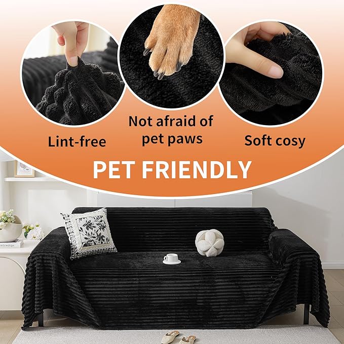 HAOMAIJIA Faux Fur Sofa Covers Couch Covers for 2 Cushion Couch Sofa Pet Friendly Soft Non Slip Couch Cover for Dogs Washable Sectional Couch Covers L Shape Furniture Protector (Black, 91"x118")
