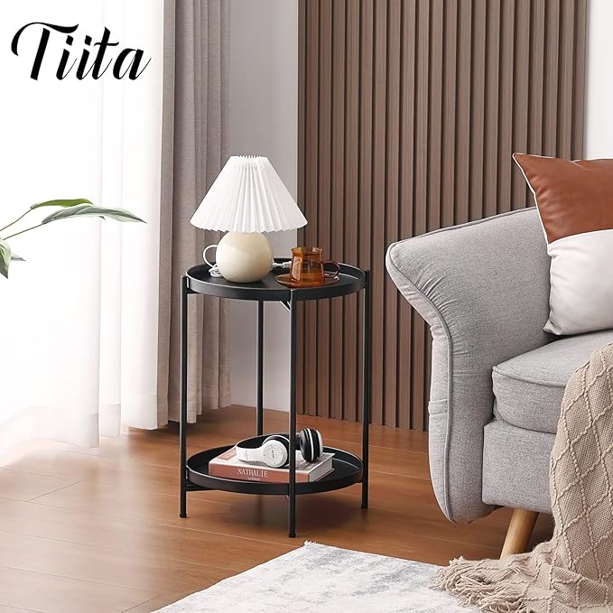 Tiita 2 Pack Round End Table Mental 2-Tier Side Table Nightstand/Small Iron Tables Accent Coffee Table for Living Room Bedroom Office Small Space