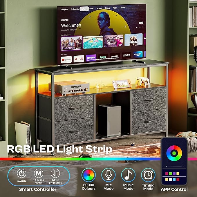Huuger 47 Inch TV Stand Dresser with Power Outlets and LED Lights, 4 Drawers Entertainment Center with Open Shelf, Media Console for 55 50 Inch TV, Dresser with PU Finish, Black