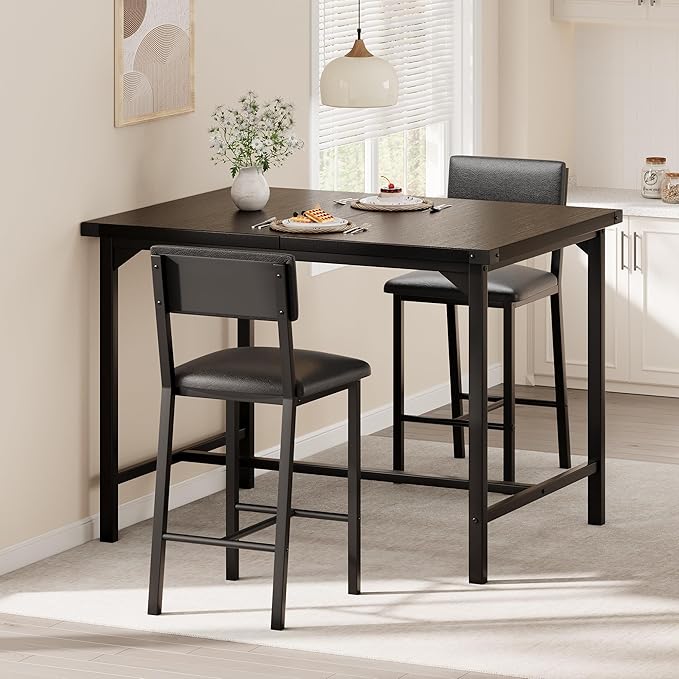 IDEALHOUSE Dining Table Set for 2 w/Counter Height Table & 2 Upholstered Bar Stools, 3-Piece Kitchen Table Set with Footrest & Corner Protector, for Kitchen Room, Apartment, Pub