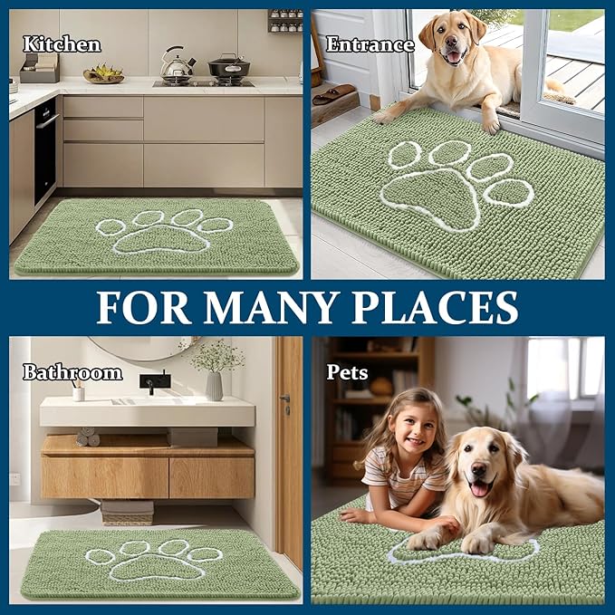 OLANLY Door Mat for Muddy Dog Paws 47x32, Ultra Absorbent Chenille Mud Doormat with Paw Print Design, Non-Slip Washable Doormat for Indoor Entryway, Quick-Dry Pet Bed Mats for Dirty Dogs, Sage Green