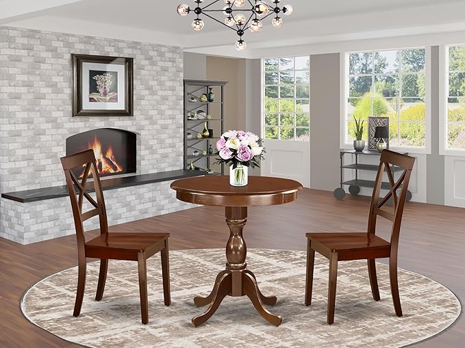 East West Furniture ESBO3-MAH-W 3 Piece Dining Room Table Set Contains a Round Kitchen Table with Pedestal and 2 Dining Chairs, 30x30 Inch, Mahogany