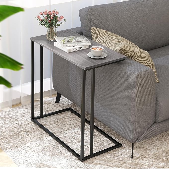 C-Shaped Side Table, Modern End Table with Metal Frame, Space Saving Design for Living Room，Large Surface Couch Table for Bedroom, and Home Office，24 x 12 x 24 inches (Grey)