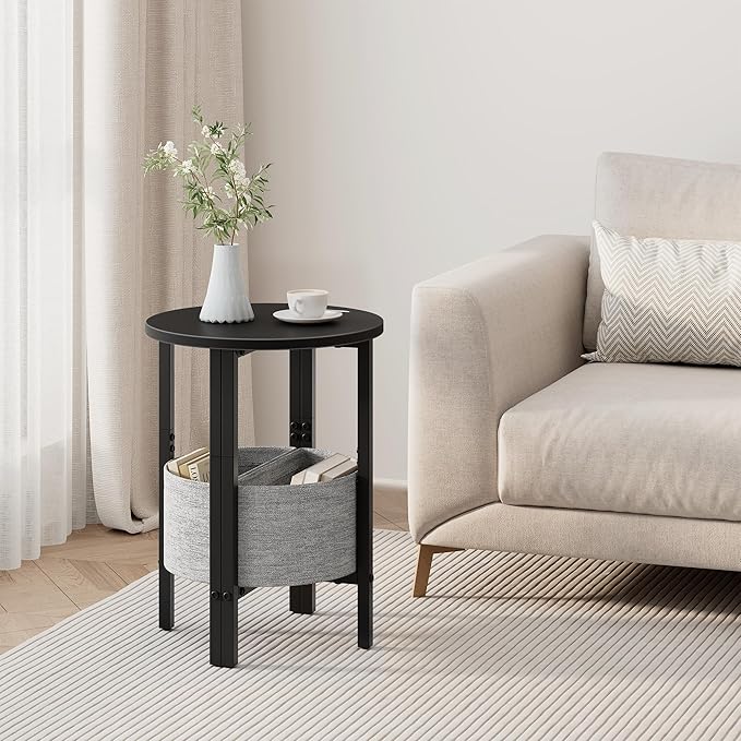 Vagusicc Small Round Side Table End Table, Tall Accent Table with Storage Basket, Set of 2 Half Round Tables Half Moon Tables, Coffee Bedside Tables, Modern Nightstand for Living Room Bedroom, Black