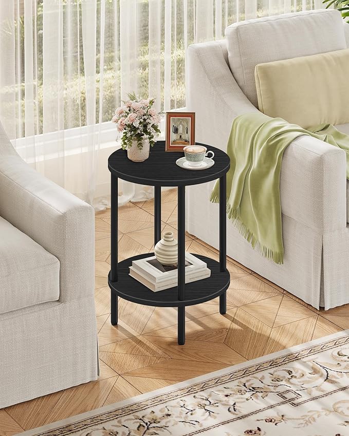 Round Side Table, 2-Tier End Table, Small Side Table with Metal Tube, Industrial Coffee Table, for Living Room, Bedroom, Black TBZ11BB