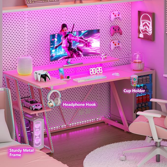 55 Inch Pink Gaming Desk with Power Outlet & LED Lights, Corner Computer Desk with 3 Tiers Storage Shelves, L Shaped Gaming Desk with Monitor Stand for Bedroom
