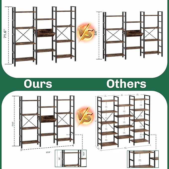 Shintenchi Industrial Bookcase,71.6” Triple 4 Tier Bookshelf with 11 Open Display Shelves,Large Etagere Bookshelf Open Record Player Shelves,Wide Book Shelf Book Case for Home & Office,Rustic Brown