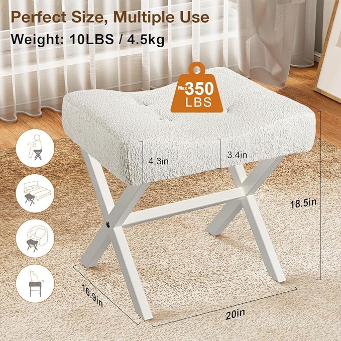 18-Inch Large Vanity Stool Chair, Vanity Bench with Metal X-Legs, Ottoman Foot Stool with Breathable and Soft Boucle Fabric Saddle Seat, White