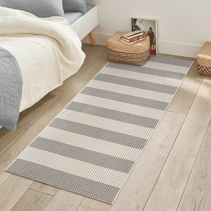 OJIA Front Door Rug 24"x51" Washable Checkered Rug Cotton Woven Small Outdoor Rug Kitchen Entryway Rugs Indoor Doormat Outdoor Entrance Porch Carpet for Bathroom Bedroom (Gray/White/Tan)